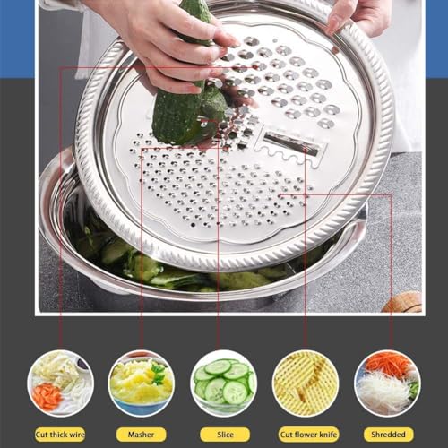 2026 New Multifunctional Stainless Steel Basin with Grater 3 in 1 Vegetable Cutter Julienne Grater with Drain Basket Vegetable Fruits Washing Bowl Strainer Set (28cm)
