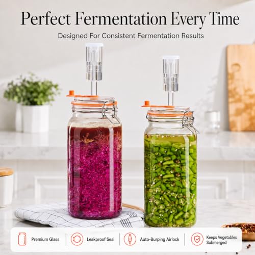 Fermentation Jars, 2L Fermenting Kit With Glass Weights, 2-Pack | Wide-Mouth 2L Glass Jar With Self-Venting Airlock, Ideal For Sauerkraut, Kimchi, Pickles And Other Homemade Ferments - size: 2 Liter