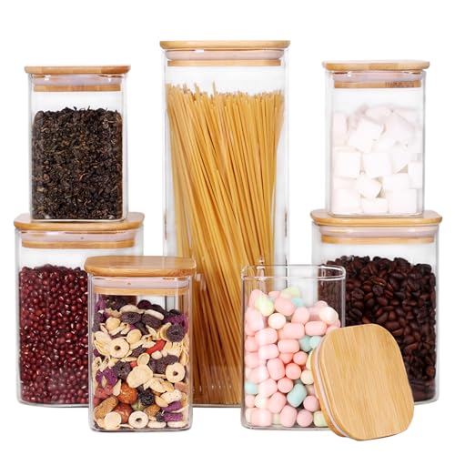 LEAVES AND TREES Y Glass Storage Canister with Wooden Lid, Set of 7 Square Glass Jars with Bamboo Lids, Glass Food Storage Containers for Pasta, Cereal, Flour, Sugar, Best for Kitchen & Pantry - color: Square -7Pack