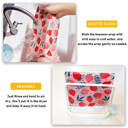 Beeswax Wrap - 3 Pack, Beeswax Wraps For Food, Organic, Sustainable, Biodegradable, Zero Waste, Reusable Beeswax Food Wrap, 1L Strawberry, 1M Orange, 1S Lemon Patterns