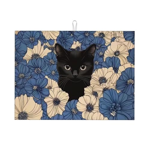 Black Cat Dish Drying Mat for Kitchen Counter Microfiber Super Absorbent Non-Slip Dish Drying Pad for Countertops Dishes Utensils Stylish Quick-Dry Machine Washable 18x24 Inch - color: Black Cat