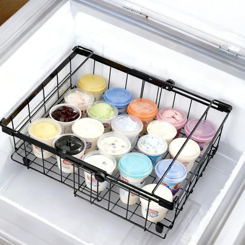 Tanice 2 Pack Freezer Organizer Bins, Expandable Stackable Chest Freezer Organizer with Foldable Handle, Thickened Metal Freezer Baskets for Deep Freezer, Kitchen Pantry - Black