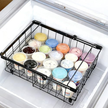 Tanice 2 Pack Freezer Organizer Bins, Expandable Stackable Chest Freezer Organizer with Foldable Handle, Thickened Metal Freezer Baskets for Deep Freezer, Kitchen Pantry - Black