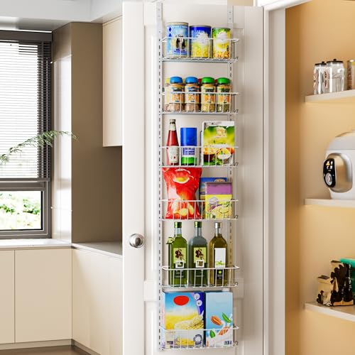 Delamu Pantry Door Organizer, Adjustable Metal Over the Door Pantry Organizer Rack, 6-Tier Over the Door Spice Rack, Kitchen Pantry Door Organizers and Storage, D5 W12 H52.1 inch, White, Small - color: White, size: 6 Tier-Small