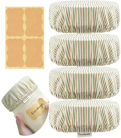 Cloth Jar Covers for Sourdough 4Pack, 4 inch Wide Mouth Kombucha Fabric Lid for Weck Mason Jars, Green Striped - style: Green Striped Cotton