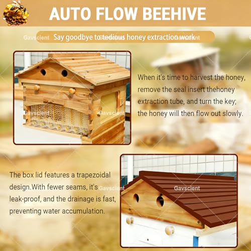Self Flowing Bee Hive Box, Premium Cedar Wood Beehive Starter Kit Equipped with 7 Auto Super Frames and Bamboo Queen Excluder, Practical Beekeeping Supplies for Beginners and Hobbyists