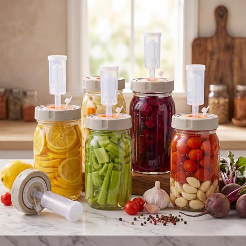 4 Sets Fermentation Kit for Mason Jar Includes Silicone Lids, 32 oz Wide Mouth Jars with Date Tracker, Glass Weights with Handle, Airlocks for Sauerkraut Kimchi Pickles Vegetable