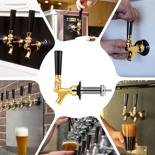 Draft Beer Shank Faucet Kit, 3Ft Beer Faucet Shank Self-Closing Golden Beer Tap Faucet, Kegerator Parts Wrench Barb Connector Tap Brush for Homebrew