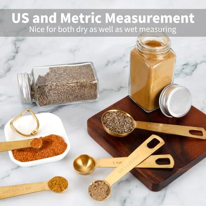 Measuring Spoons,304 Stainless Steel Measuring Cups & Spoon Set of 7 Piece:1Tbsp&1/2Tbsp,1tsp,3/4tsp,1/2tsp,1/4tsp,1/8tsp Teaspoon Coffee Scoop Tablespoon for Dry and Liquid Ingredients,Gold - color: Gold