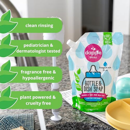 Dapple Baby Fragrance-Free Bottle & Dish Soap Refill Pouch - (2 Pack) 33.8 fl oz - Plant-Powered Cleaner for Baby Bottles, Pump Parts, and Sippy Cups - size: 34 Fl Oz (Pack of 2)