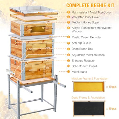 Bee Hive Boxes Starter Kit,3 Layer Metal Frame Bee House with 10 Medium and 20 Deep Frames & Foundations,Langstroth Honey Bee Hive with Metal Stand