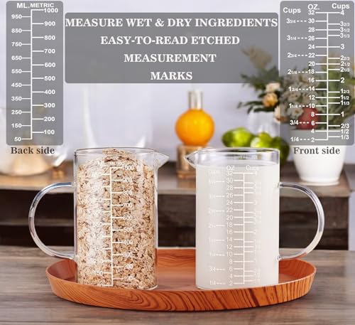 Ackers Etched Graduated Glass Measuring Cup - [Insulated Handle | V-Shaped Spout] - High Borosilicate Glass Measuring Cup for Kitchen or Dining, Easy to Read,1000 ML (32 Oz, 4 Cup) - size: 1000 ML (32 Oz, 4 Cup) - Etched Graduated