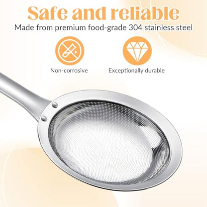 Skimmer Spoon Filter Grease Foam Fine Mesh Stainless Steel Sieve Colander, Extra Fine Strainer With Handle Handheld Fry Oil Filter for Cooking Sieve Spoon for Food Strainer Kitchen Gadget (Large)