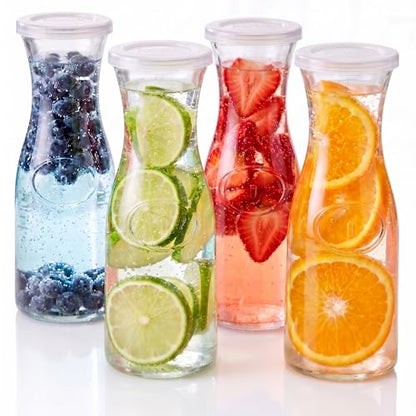 Kook Mini Glass Carafes with Lids, Small Beverage Pitchers for Fridge, Jugs for Water, Wine, Milk, Juice, 24 oz, Set of 4 - color: Set of 4, 24oz (Mini)