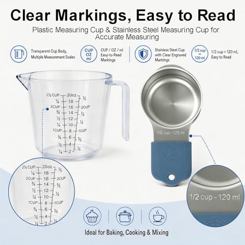 Stainless Steel Measuring Cups and Spoons Set, 7 Magnetic Measuring Cups, 5 Metal Measuring Teaspoons, 3 Plastic Measuring Cups for Kitchen Cooking & Baking, Dry & Liquid Ingredients