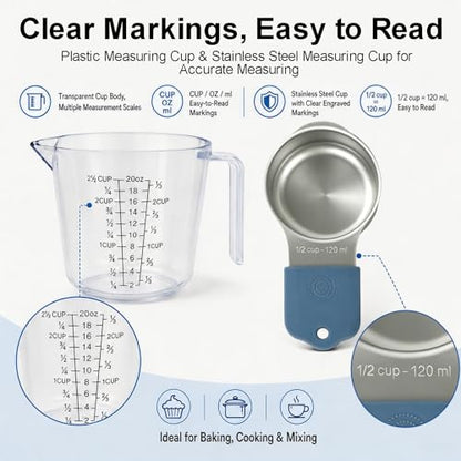 Stainless Steel Measuring Cups and Spoons Set, 7 Magnetic Measuring Cups, 5 Metal Measuring Teaspoons, 3 Plastic Measuring Cups for Kitchen Cooking & Baking, Dry & Liquid Ingredients