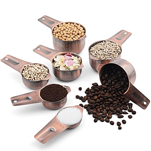 Measuring Cups and Spoons Set, Copper Measuring Cups and Spoons Set for Dry & Liquid, Metric&US 7 Stainless Steel MeasureR Cup&9 Spoon Leveler & Measure Enquivalents for Kitchen & Baking
