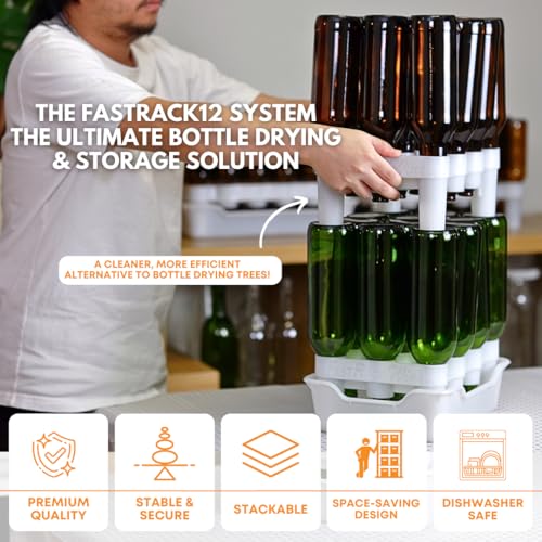 FASTFERMENT - 12-Bottle Drying Rack & Tray| Bottle Drying Tree Alternative | Dry & Store your Wine or Bomber/Belgian Bottles | Stackable | White | Dishwasher Safe | Home Brewing Supplies