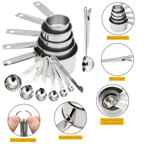 Measuring Cups and Spoons Set of 13, Stainless Steel 5 Nesting Measure Cups Set & 6 Measuring Spoons Set & 1 Leveler +1 Spoon Clip - Kitchen Baking Tools for Cooking.