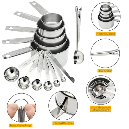 Measuring Cups and Spoons Set of 13, Stainless Steel 5 Nesting Measure Cups Set & 6 Measuring Spoons Set & 1 Leveler +1 Spoon Clip - Kitchen Baking Tools for Cooking.