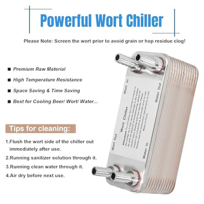 30 Plate Wort Chiller, 1/2 Barb Fitting Homebrew Plate Wort Chiller, Stainless Steel Brazed Plate Heat Exchanger, Beer Chiller Wort Cooler Heat Exchanger For Brewing-7.5" x 2.9"