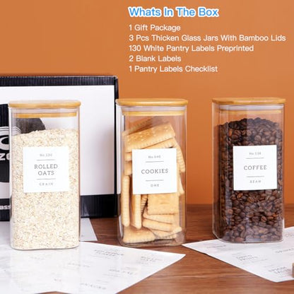 CZZGSM 3 Pack Square Glass Kitchen Storage Jars with Airtight Bamboo Lids and 132 Pantry Labels - 54oz Glass Canisters with Wood Lids - Food Storage for Sugar, Rice, Pasta, Cereal - color: 54OZ-3Pack