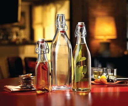 Bormioli Rocco 17oz Swing Bottle (Set of 4) - Reusable Glass Bottles with Airtight Leakproof Swing Tops, BPA-Free Office Water Bottle, Great for Homemade Syrups, Dressings, Infused Oils, Fresh Juices - size: 17 Oz.