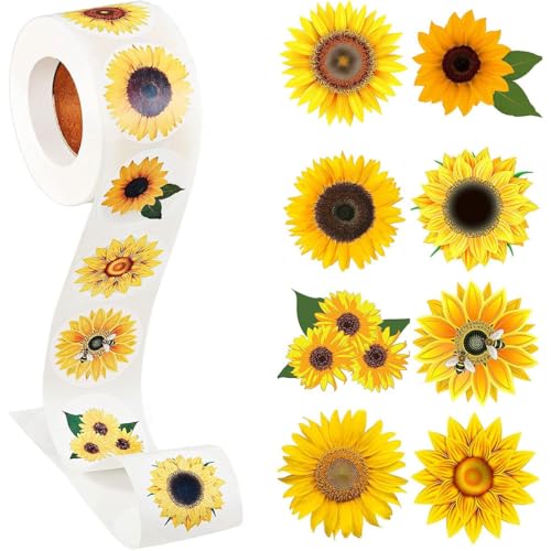 500 PCS Sunflower Roll Stickers, 8 Styles Waterproof Vinyl Floral Decals for Skateboard, Fridge, Laptop, Phone, Luggage, Trendy Stickers for Teens, Adults, Boys and Girls（Sunflower - color: Sunflower