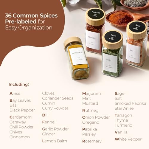 ComSaf Glass Spice Jars with with Labels 4 oz 24 Pack Bamboo Lids Bulk Set | Empty Containers, Seasoning Herb Powder, Salt Pepper Chili, Spice Rack Organization, Kitchen Cabinet Storage, Funnel Included - color: Bamboo Lids