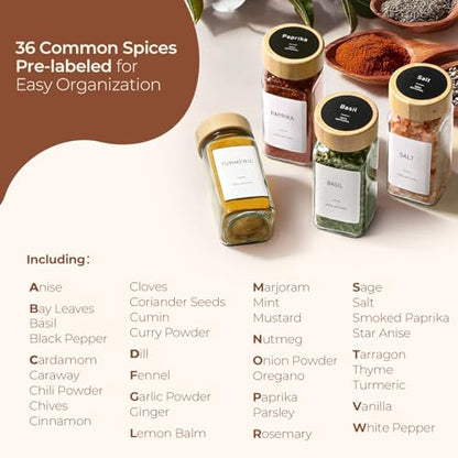 ComSaf Glass Spice Jars with with Labels 4 oz 24 Pack Bamboo Lids Bulk Set | Empty Containers, Seasoning Herb Powder, Salt Pepper Chili, Spice Rack Organization, Kitchen Cabinet Storage, Funnel Included - color: Bamboo Lids