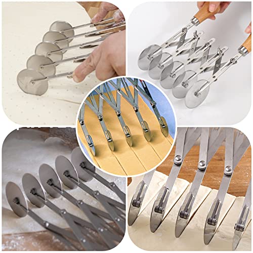 Juome 5 Wheel Pastry Cutter with Wooden Handle, Multi-Round Wheel Pasta Dough Cutter Roller Pizza Slicer Accordion Pastry Knife Divider Tool - color: 5 wheel Pastry Cutter with Wooden Handle