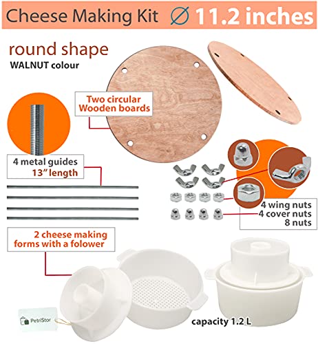 PetriStor Wooden Cheese Press for Cheese Making Supplies Diameter 11 in Metal Guides Walnut and 2 Cheese Mold with Follower Piston 1.3 Qt - Home Supply Ultimate Cheese Press - Prensa Para Queso