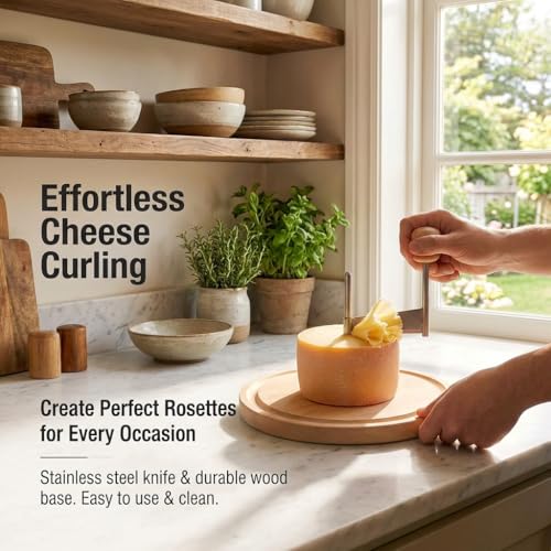 Girolle Cheese Flower Maker Sharp Stainless Steel Cutting Wheel Solid Wood Base Manual Cheese Shaver for Home Kitchen Food Prep