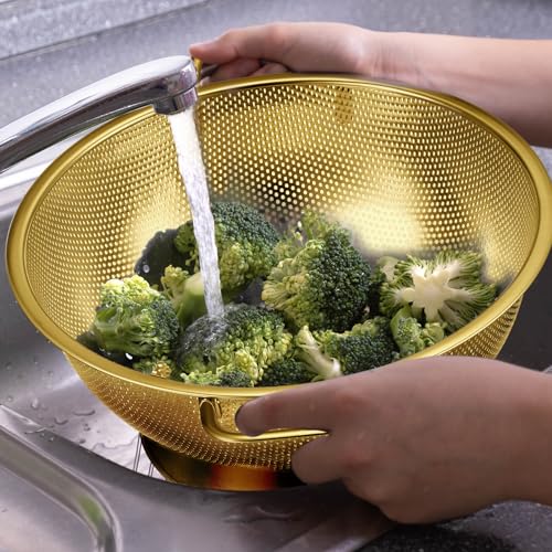 Bokon 3 Pcs Stainless Steel Colander Set Colander Bowl and Sieves 1/3/5 Quart Metal Mesh Strainer Net Basket with Handles Food Spaghetti Strainer for Kitchen Draining Pasta Rinsing(Gold) - color: Gold