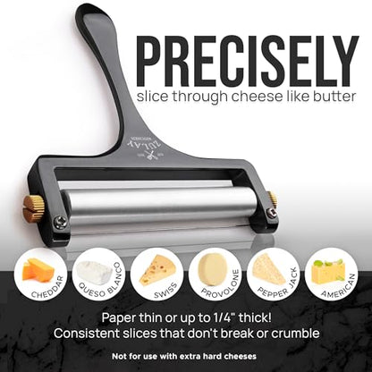 Zulay Kitchen Stainless Steel Wire Cheese Slicer - Adjustable Hand Held Cutter with 2 Extra Wires - Premium Cheese Shaver For Mozzarella, Cheddar, Gruyere - Black - color: Matte Black