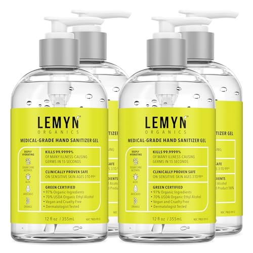 Lemyn Organics Medical‑Grade Hand Sanitizer Gel – 97 % Organic | 70 % USP Ethyl Alcohol | Moisturizing Aloe + Hyaluronic Acid | Freshly Made in USA | 12oz Bottle with Pump (PACK OF 4) - size: 12 Fl Oz (Pack of 4)