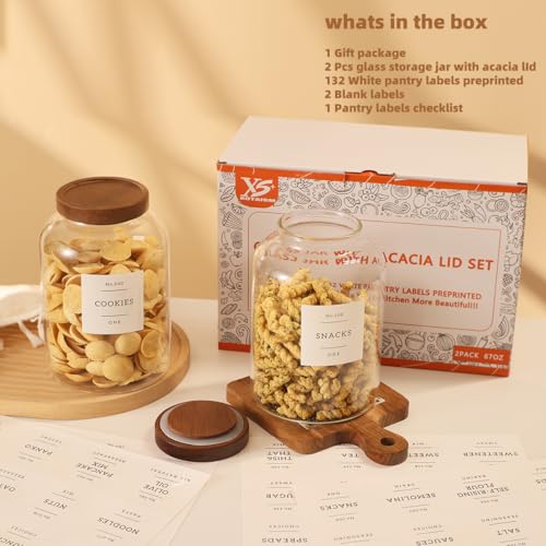 2 Pack Glass Food Storage Containers with Airtight Acacia Lids and 132 Kitchen Pantey Labels Preprint - 67 LF OZ Borosilicate Glass Canister Sets for Food,Coffee,Cookie,Tea,Candy,Sugar - size: 67oz-2 Pack
