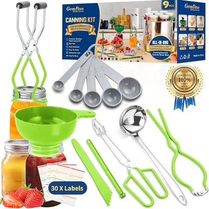 Canning Supplies Starter Kit,Canning Kit for Beginners of 9 with Jar Lifter，Wide Mouth Funnel,Wrench,Tongs,Lid Lifter,Bubble Popper,Canning Labels,ladle,Measuring spoon-Neon Green - color: X9-Neon Green