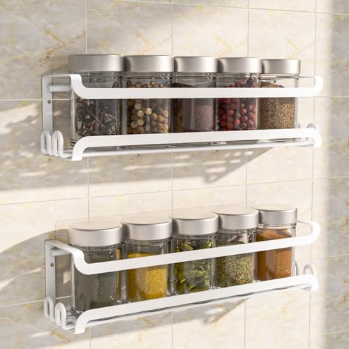 LUCYCAZ 2 Pack Wall Mounted Spice Rack for Spice Jars & Seasonings (White) | 8 Metal Hooks, Space-Saving,Screw or Adhesive Spice Shelf Hanging,for Kitchen Cabinet,Pantry Door,RV,Camper Spice Orgnaizer - color: White, size: 2 PACK