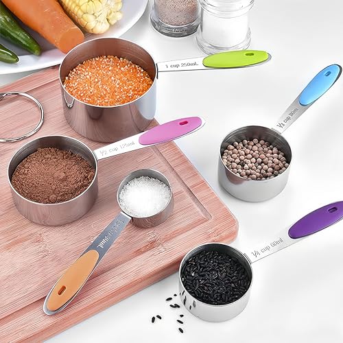RUNZI 10 Pcs Measuring Cups and Spoons Set,Stackable Metal Measure Cup for Measuring Dry and Liquid Ingredients，Used Kitchen Dry Food, Cooking Baking Measurements,Silvery - color: Silvery-10pcs