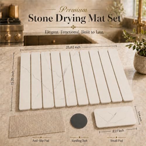 2 PCS Large Stone Dish Drying Mat for Kitchen Counter, 24" x 16" Diatomaceous Earth Dish Mat with 8" x 4" Coaster, Quick Dry Foldable Absorbent Mat for Dishes, Cups, Bottles (White) - color: White