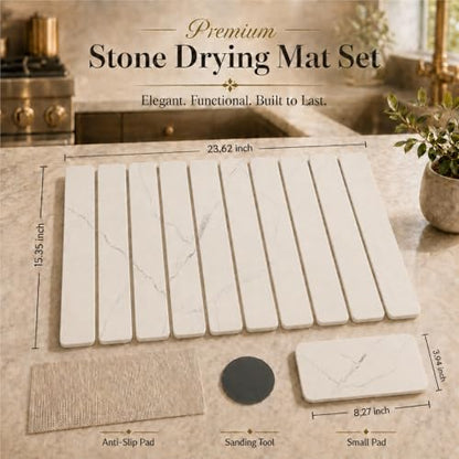 2 PCS Large Stone Dish Drying Mat for Kitchen Counter, 24" x 16" Diatomaceous Earth Dish Mat with 8" x 4" Coaster, Quick Dry Foldable Absorbent Mat for Dishes, Cups, Bottles (White) - color: White