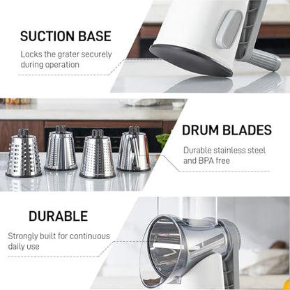 VEKAYA Rotary Cheese Grater Hand Crank with 4 Interchangeable Stainless Steel Blades, Large Manual Handle Shredder and Waffle Slicer for Vegetables, Cheese and Nuts with Table Suction Base(White Grey) - color: White Grey