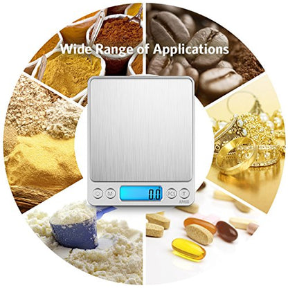 AMIR Digital Kitchen Scale, 3000g 0.01oz/ 0.1g Pocket Coffee Scale, Mini Food Scale, Pro Electronic Jewelry Scale with Back-Lit LCD Display, Tare & PCS Functions, Stainless Steel, Batteries Included - color: Sliver