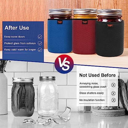 32 oz Regular/Wide Mouth Mason Jar Neoprene Sleeve, 32oz Non-slip Cozy Insulated Glass Jars Protector Holder Sleeves 3.7 x 5.3 Inches - 4 Pack (Black/Red/Blue/Cyan) - color: 32 oz Sleeves (3.7 x 5.3 In) - Black/Red/Blue/Cyan