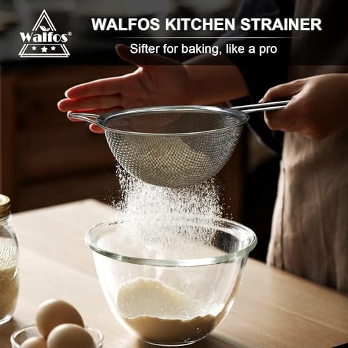 Walfos Fine Mesh Strainer and Fat Skimmer Spoon Set, Multipurpose Metal Strainers for Kitchen, Rice, Quinoa, Food, 304 Stainless Steel Fat Skimmer For Cooking, Fat, Grease, Floating Foam, 5 Pack - style: Strainers Skimmers Set