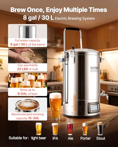 VEVOR Electric Brewing System, 9.2 Gal/35 L Brewing Pot, All-in-One Home Beer Brewer w/Pump, Mash Boil Device w/Panel, Auto/Manual Mode 100-1800W Power 25-100℃ Temp 1-180 min Timer Recipe Memory - size: 9.2 Gal