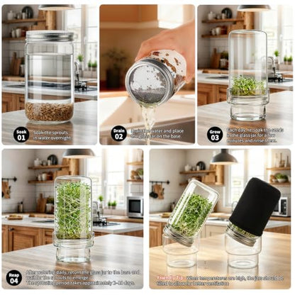 Sprouting Jar Kit, 2 Pack Wide Mouth Mason Jar Sprouting Kit with Sprout Lids, Blackout Sleeves, Drain Cover, Perfect for Home Gardeners, Health Enthusiasts & Vegan Diets - color: 2Pack+2Sleeve