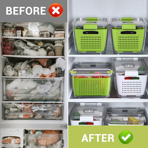 LUXEAR Fresh Container, 3PACK Produce Saver Container BPA Free Fridge Organizer for Vegetable Fruit and Salad Partitioned Food Storage Container with Vents Stay Fresh Containers Not Dishwashers Safe - color: Green
