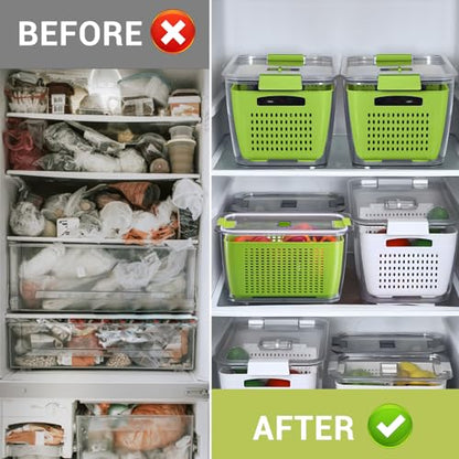 LUXEAR Fresh Container, 3PACK Produce Saver Container BPA Free Fridge Organizer for Vegetable Fruit and Salad Partitioned Food Storage Container with Vents Stay Fresh Containers Not Dishwashers Safe - color: Green